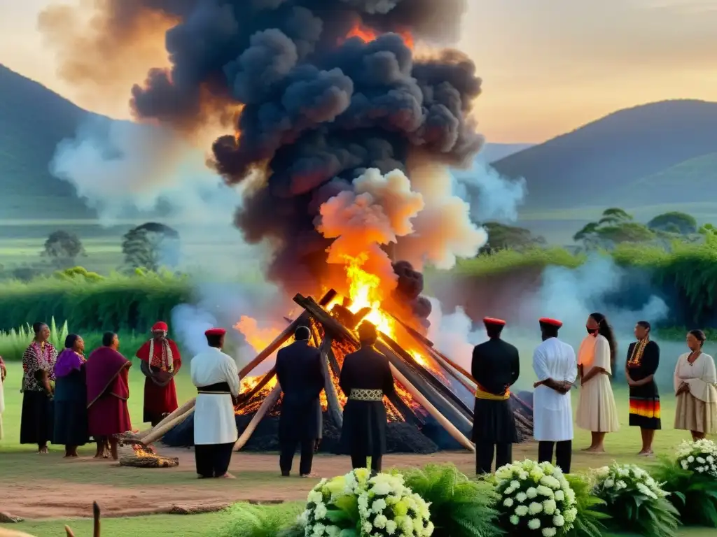 Grupo indígena realiza ritual funerario entre la naturaleza exuberante al atardecer