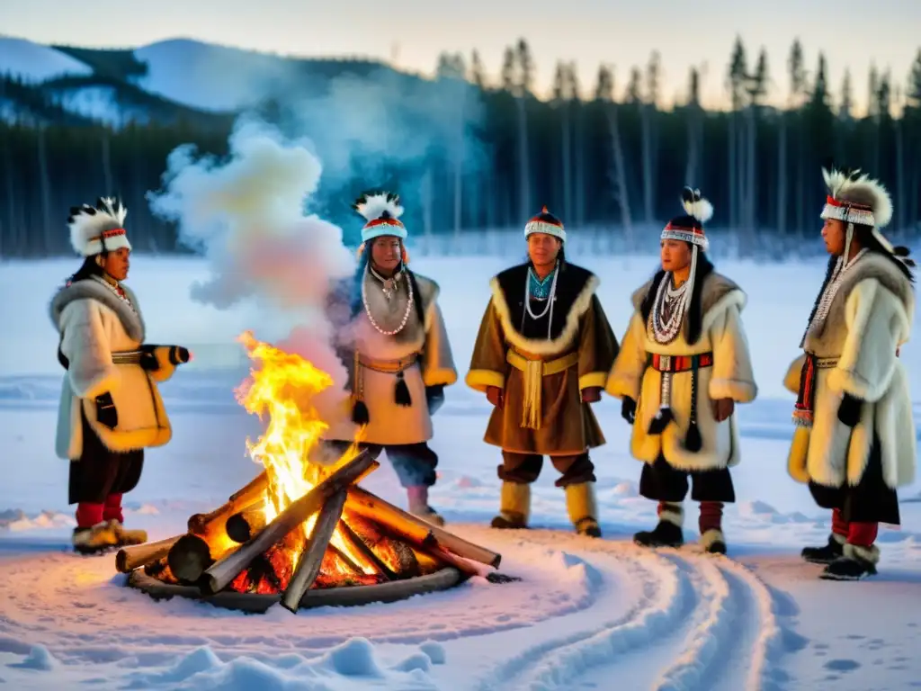 Grupo indígena realiza ritual de invierno en Siberia, danzando alrededor de una hoguera en la taiga nevada