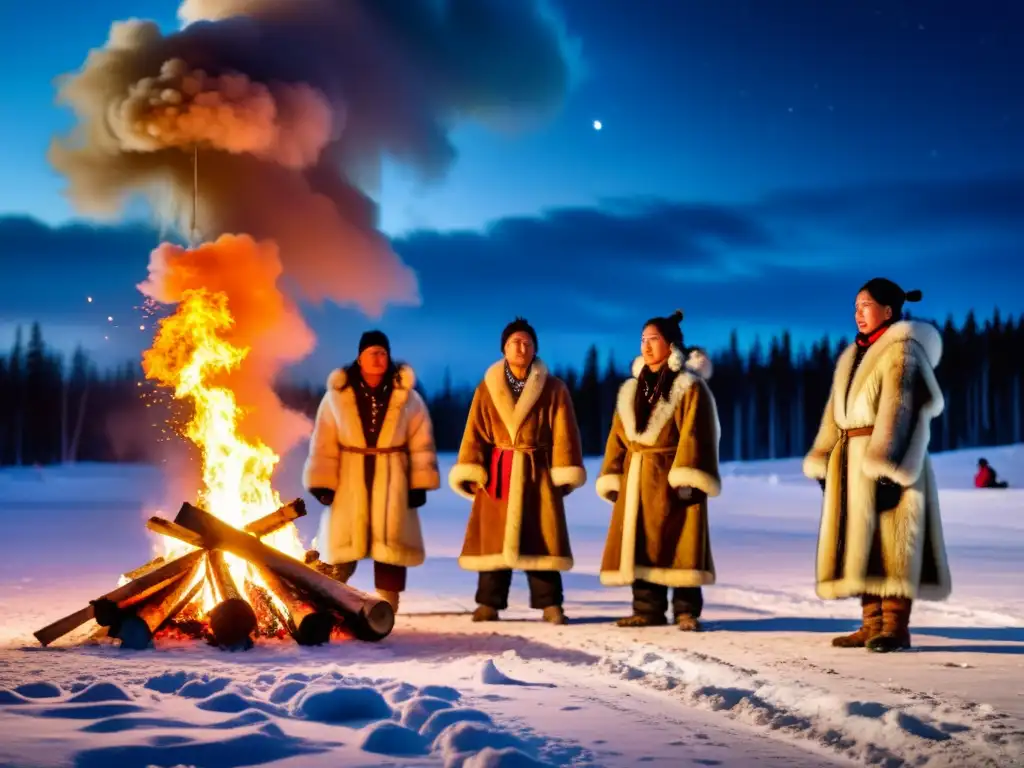 Grupo indígena siberiano celebra rituales solsticio alrededor de fogata, entre árboles nevados y cielo estrellado