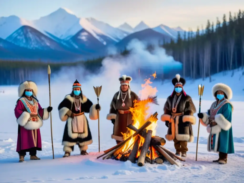 Un grupo de indígenas siberianos celebra una ceremonia de transición alrededor de una gran fogata en el bosque nevado, con montañas al fondo