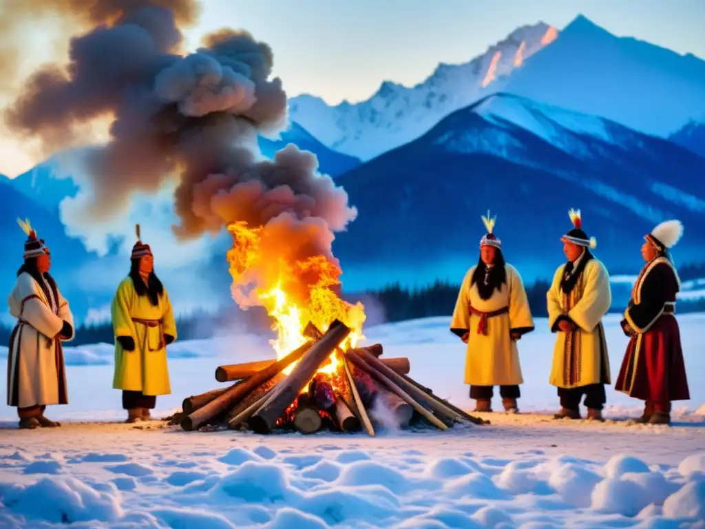 Grupo de indígenas siberianos realiza ritual de purificación alrededor de una fogata, en medio de montañas nevadas