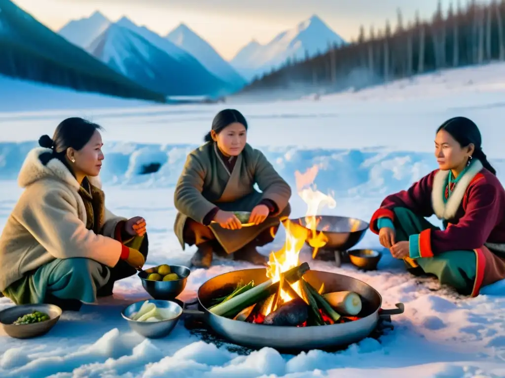 Grupo de indígenas siberianos cocinando una comida tradicional alrededor de una gran fogata en la nieve