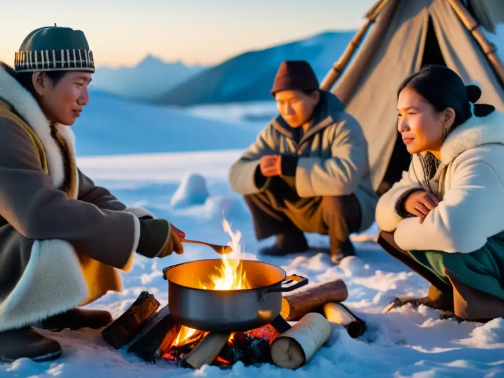 Un grupo de indígenas siberianos preparando una comida tradicional alrededor de una fogata en un paisaje nevado