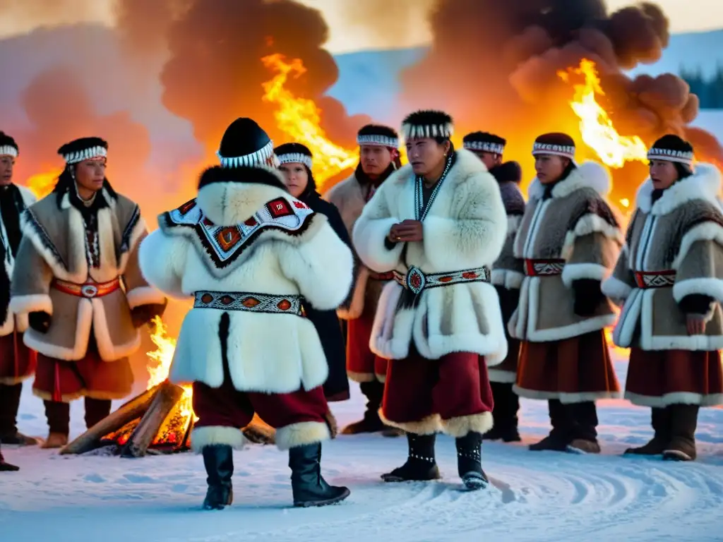 Grupo de indígenas siberianos realizando el ritual Danza del Oso en la nieve, con atuendos tradicionales y un gran fuego