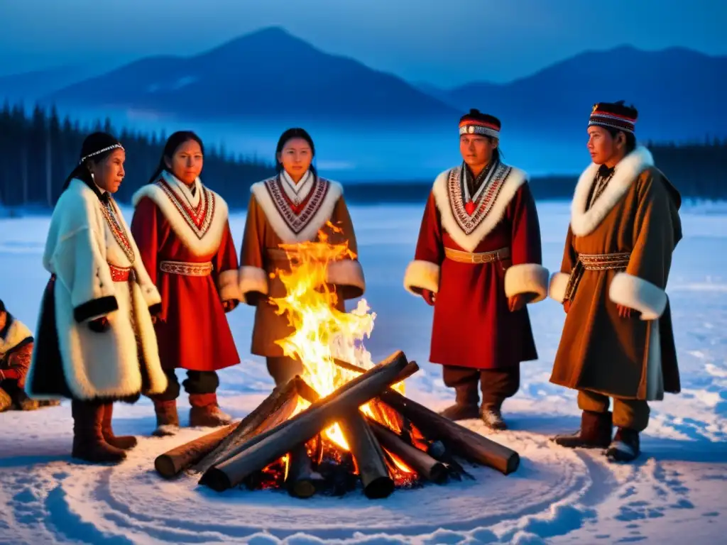 Grupo de indígenas siberianos realizando rituales de purificación alrededor de una gran fogata en la oscura y nevada noche