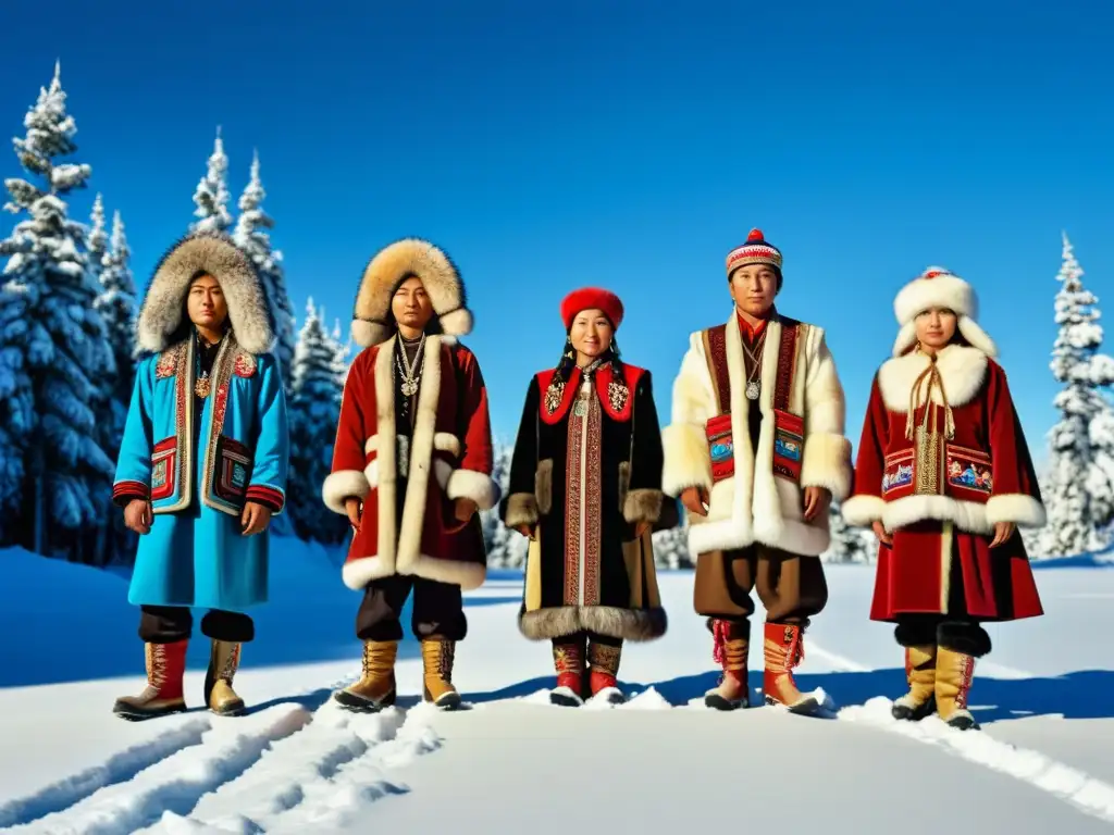 Grupo de indígenas siberianos vistiendo ropa tradicional para climas extremos, con paisaje invernal de fondo