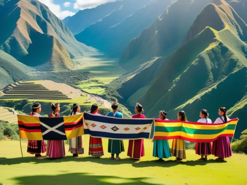 Grupo de indígenas en trajes incas, bailando con banderas en la Fiesta del Inti Raymi en Cusco, rodeados de montañas y naturaleza exuberante