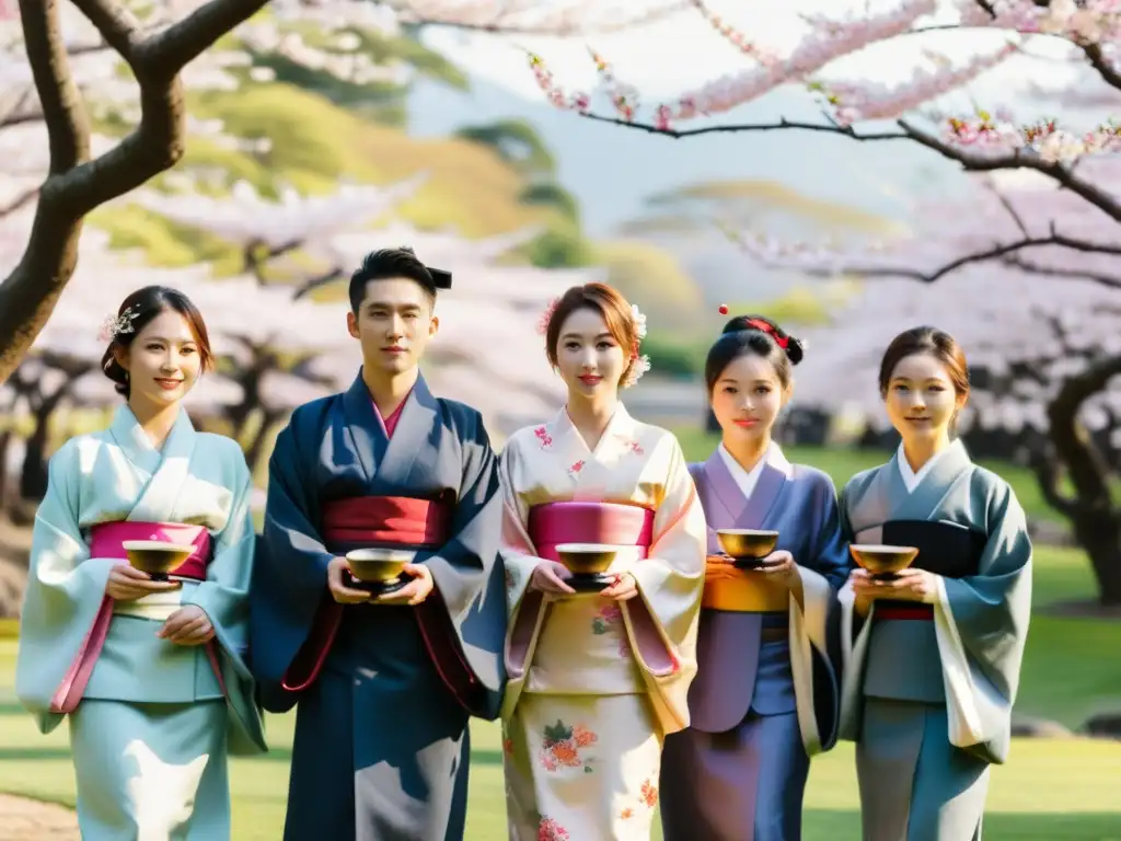 Un grupo de jóvenes adultos en trajes tradicionales japoneses participando en una ceremonia de adultez en un jardín de cerezos en flor