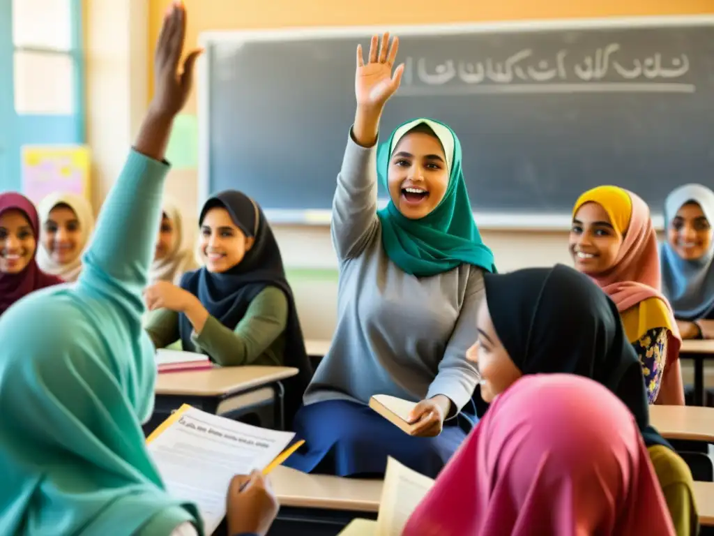 Grupo de jóvenes alumnas musulmanas participan activamente en clase, mostrando avances y desafíos educación femenina mundo islámico