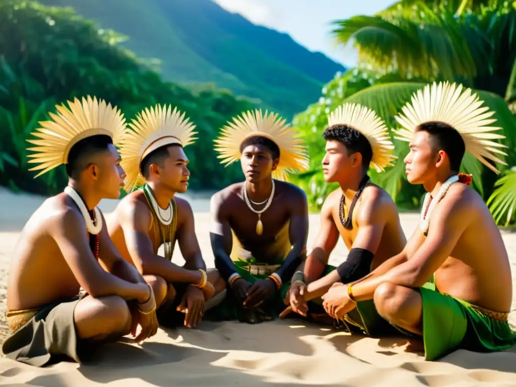 Un grupo de jóvenes en atuendo tradicional Kosraean participa en una ceremonia de iniciación masculina Kosrae al atardecer