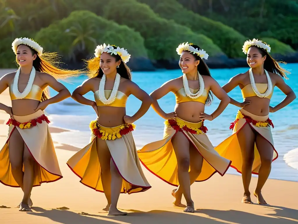 Grupo de jóvenes bailarines polinesios en vibrantes trajes tradicionales, realizando danza en la playa al atardecer