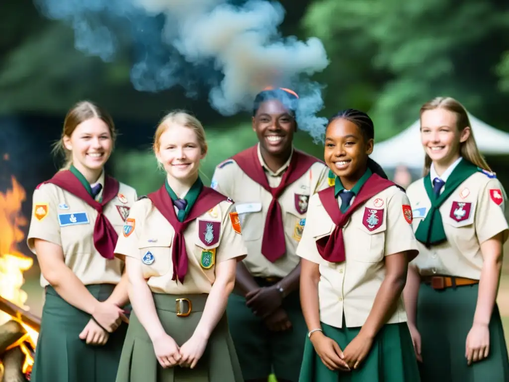 Un grupo de jóvenes exploradores participa en una ceremonia scout alrededor de una fogata en Gilwell Park