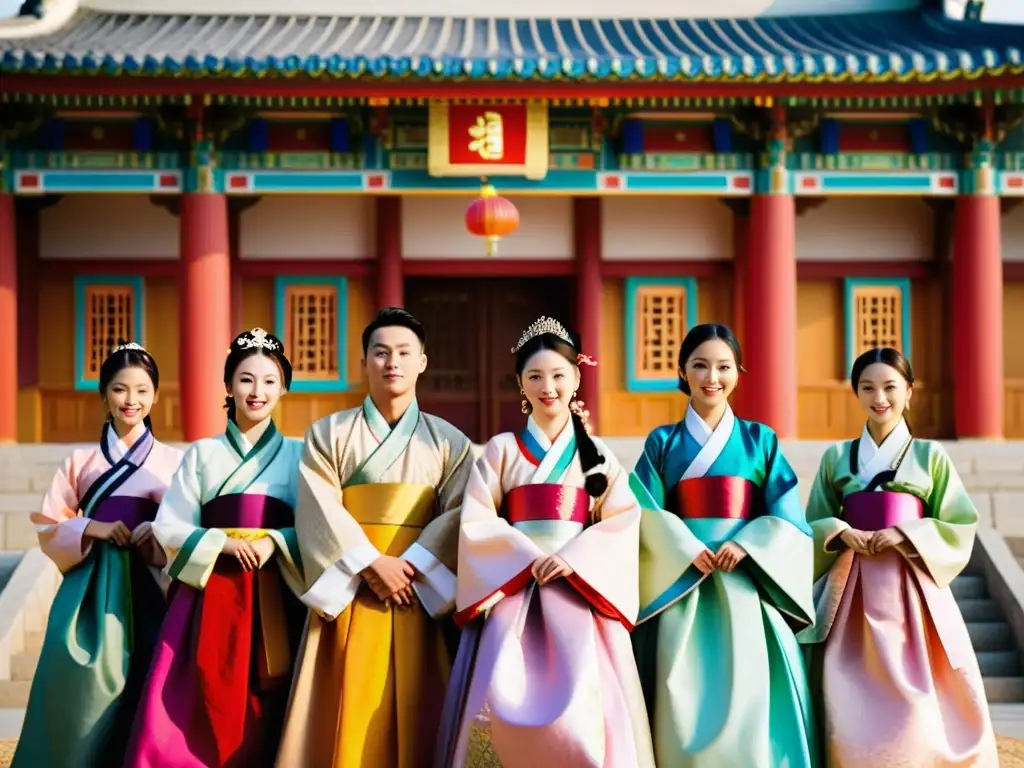 Un grupo de jóvenes vistiendo hanbok frente a un palacio coreano, celebrando su mayoría de edad con una ceremonia llena de significado