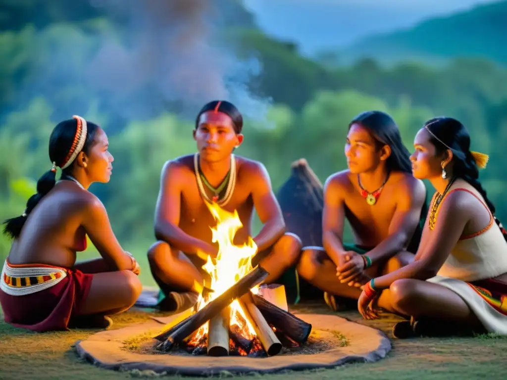 Grupo de jóvenes indígenas reunidos alrededor de un fuego, en una ceremonia cultural, expresando aspiraciones en un mundo cambiante