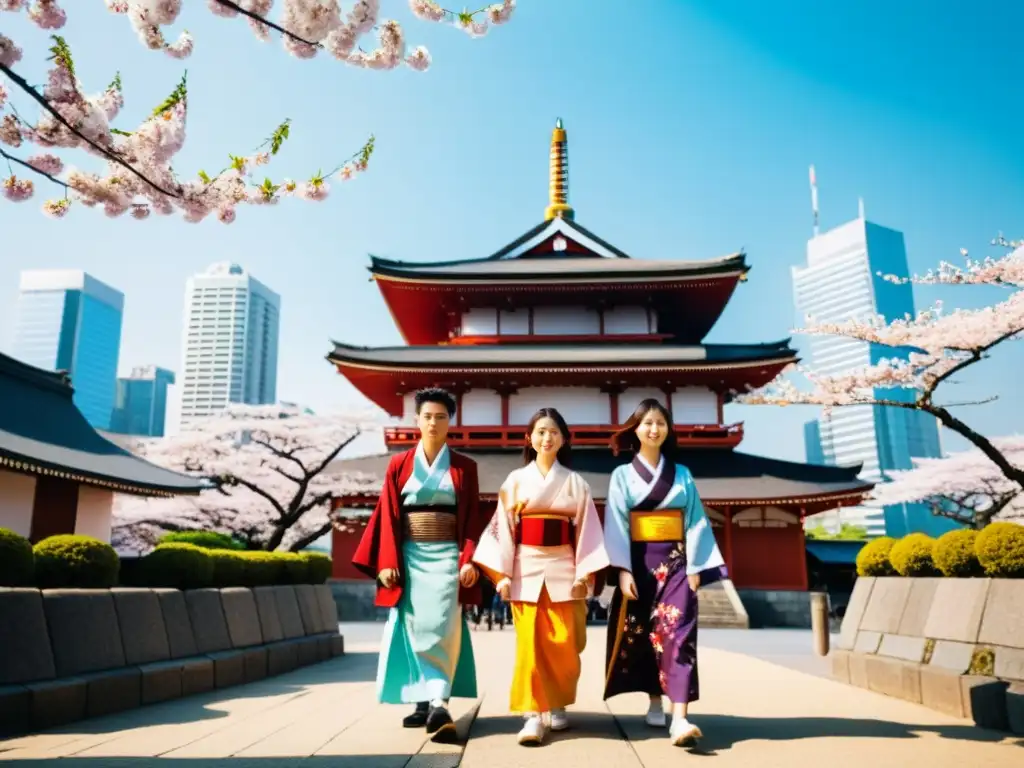 Un grupo de jóvenes con moda callejera moderna frente a un templo japonés, fusionando folklore japonés en la era digital