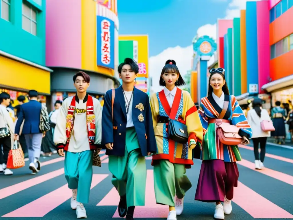 Grupo de jóvenes con moda japonesa en el siglo XXI paseando por las coloridas calles de Harajuku, Tokyo, fusionando lo tradicional y lo contemporáneo