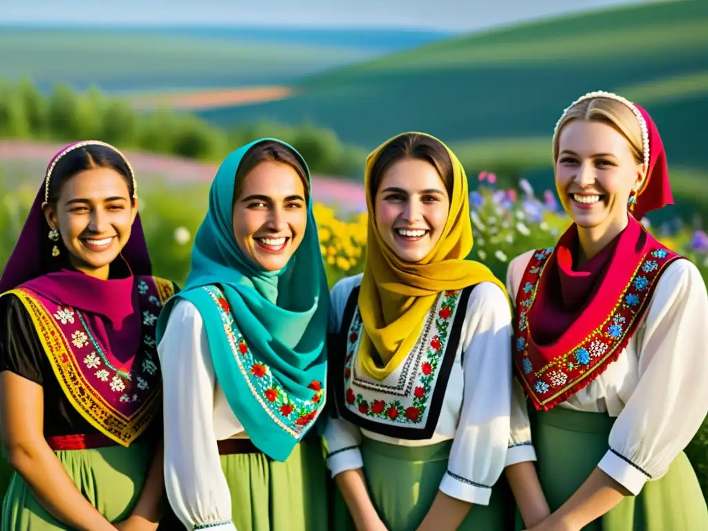 Un grupo de jóvenes mujeres visten sarafanes vibrantes en un campo de flores silvestres, con sus pañuelos coloridos ondeando al viento