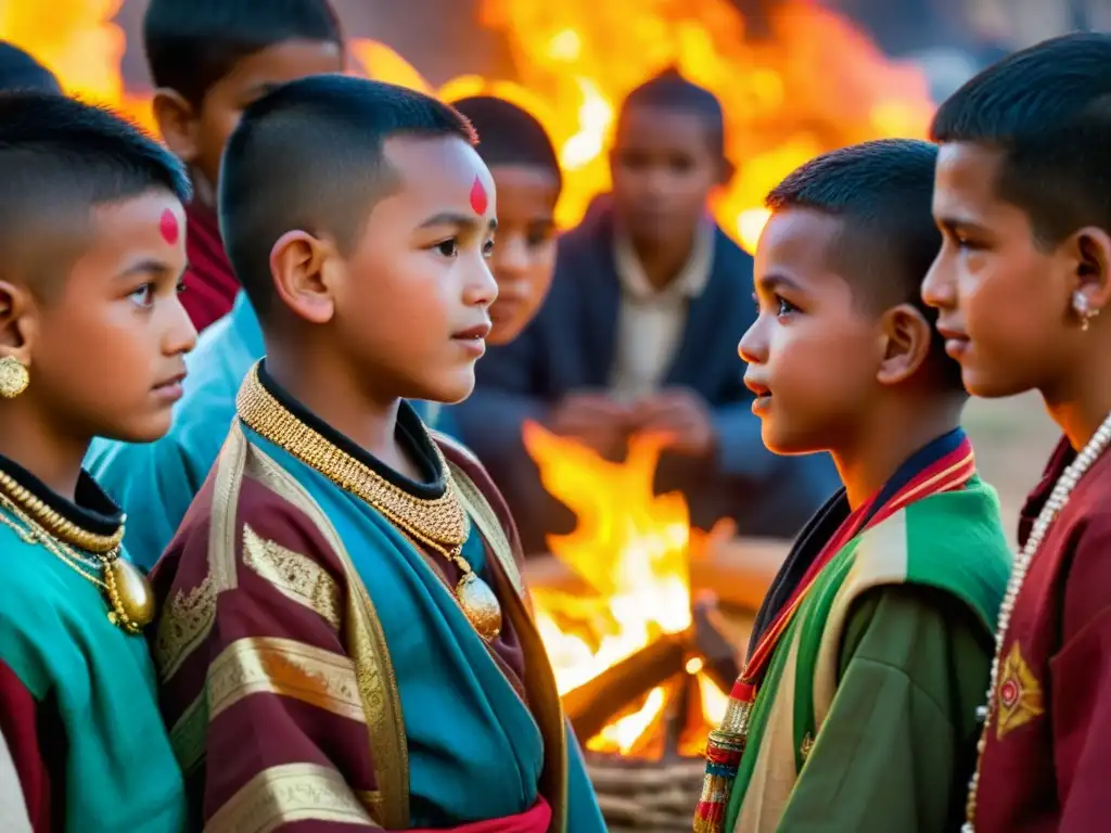 Grupo de jóvenes en rito de pasaje Bratakatha Nepal, ataviados con trajes tradicionales, alrededor de una fogata en los Himalayas