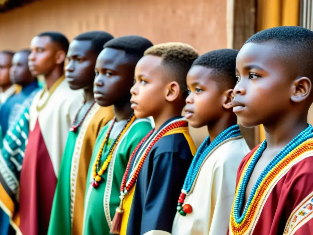 Grupo de jóvenes en rito de iniciación en sociedad africana francófona, con colores vibrantes y símbolos culturales