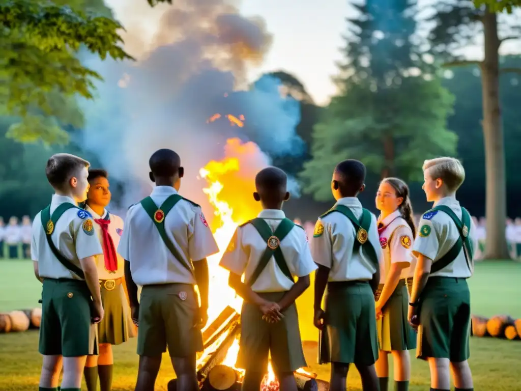 Grupo de jóvenes scouts en ceremonia alrededor de fogata en Gilwell Park, resaltando la importancia del rito de pasaje Scout