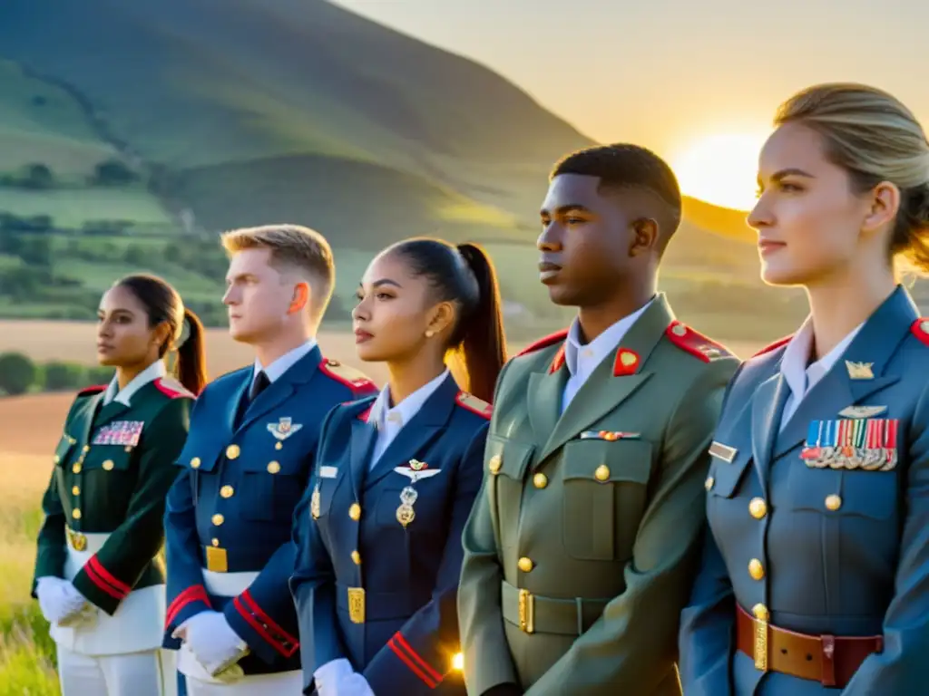 Un grupo de jóvenes en uniforme militar, formados con el sol poniéndose detrás de ellos