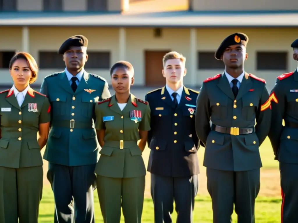 Grupo de jóvenes en uniforme militar en formación fuera de un cuartel, preparándose para el servicio militar obligatorio