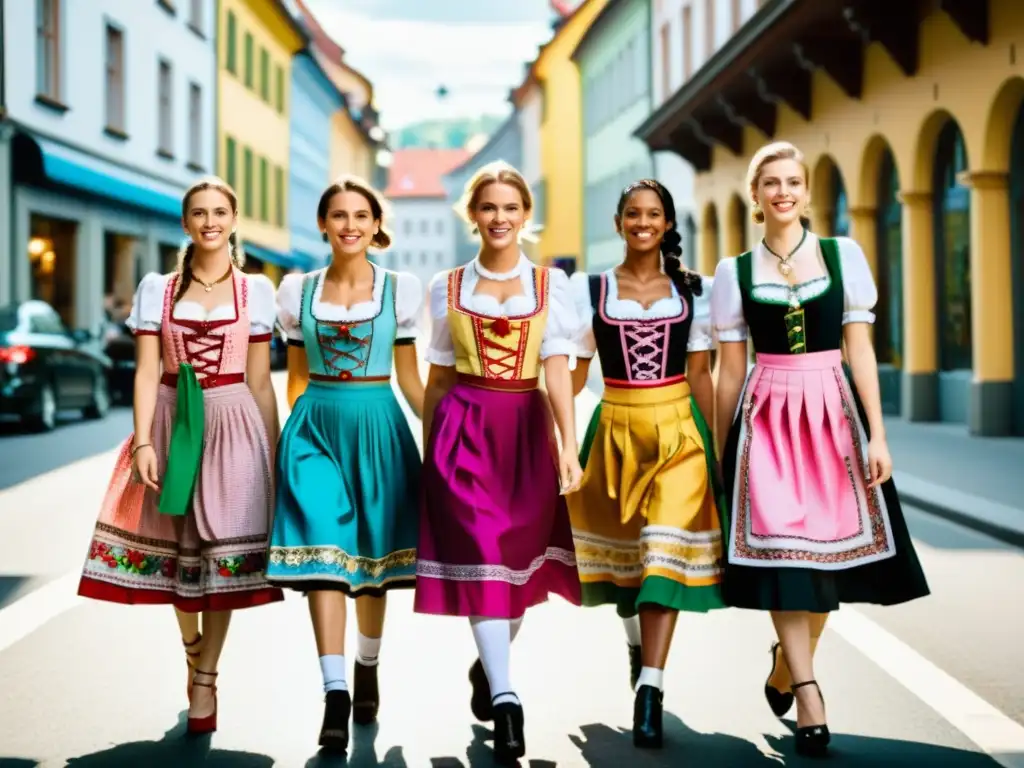 Un grupo de jóvenes con vestidos bávaros de moda contemporánea, caminan seguras y empoderadas por una bulliciosa calle de la ciudad