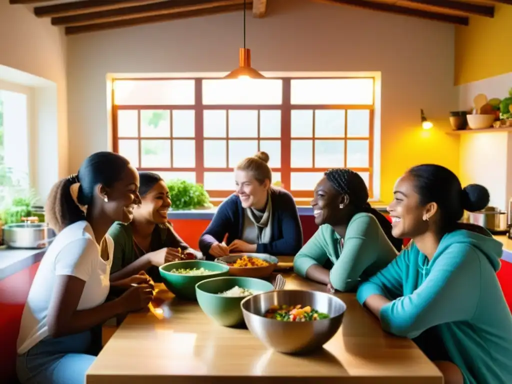 Un grupo de jóvenes viajeros diversos preparando una comida multicultural en la cocina de un albergue juvenil cultural intercultural, con banderas de diferentes países en la pared