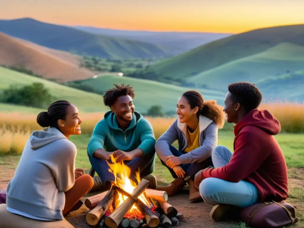 Un grupo de jóvenes viajeros diversos comparten historias y risas alrededor de una fogata al atardecer en Albergues Juveniles Culturales interculturales, creando un ambiente inclusivo y animado