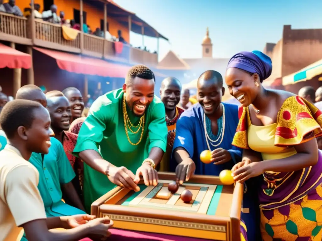 Grupo juega juegos tradicionales en mercado africano, con coloridas ropas y arquitectura tradicional