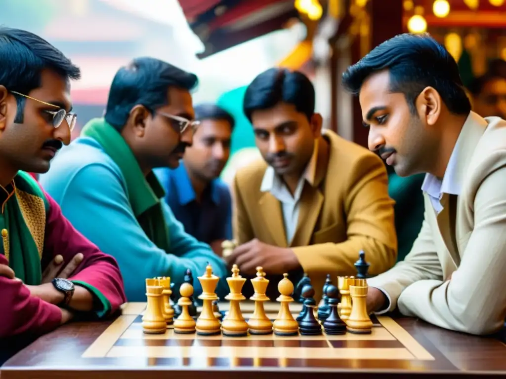 Un grupo de jugadores de ajedrez en un bullicioso mercado de Nueva Delhi, con una tabla y piezas de ajedrez tradicionales