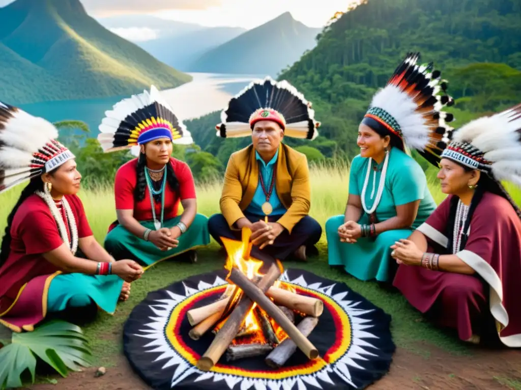 Grupo de líderes y activistas indígenas reunidos alrededor de un fuego ceremonial, con rostros pintados y atuendos coloridos, simbolizando la autodeterminación indígena movimientos autonomía