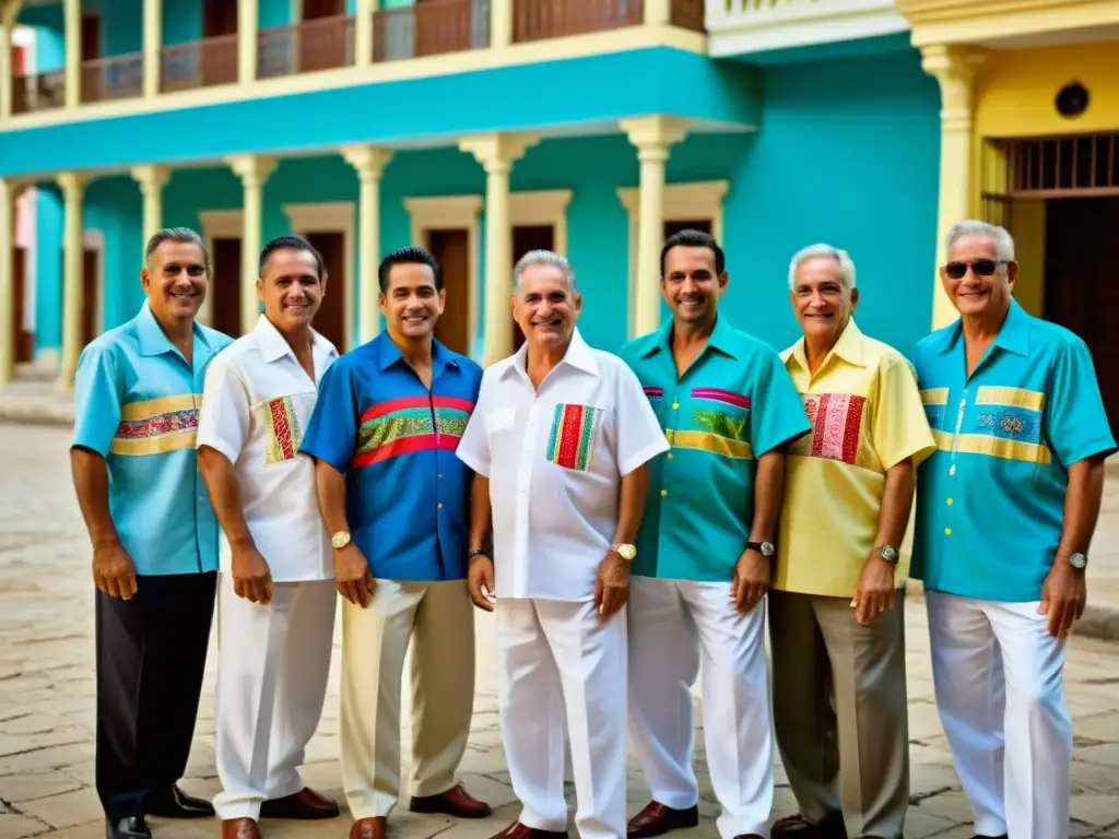 Grupo de líderes cubanos y figuras sociales luciendo guayaberas en una histórica plaza, evocando tradición, elegancia y autoridad