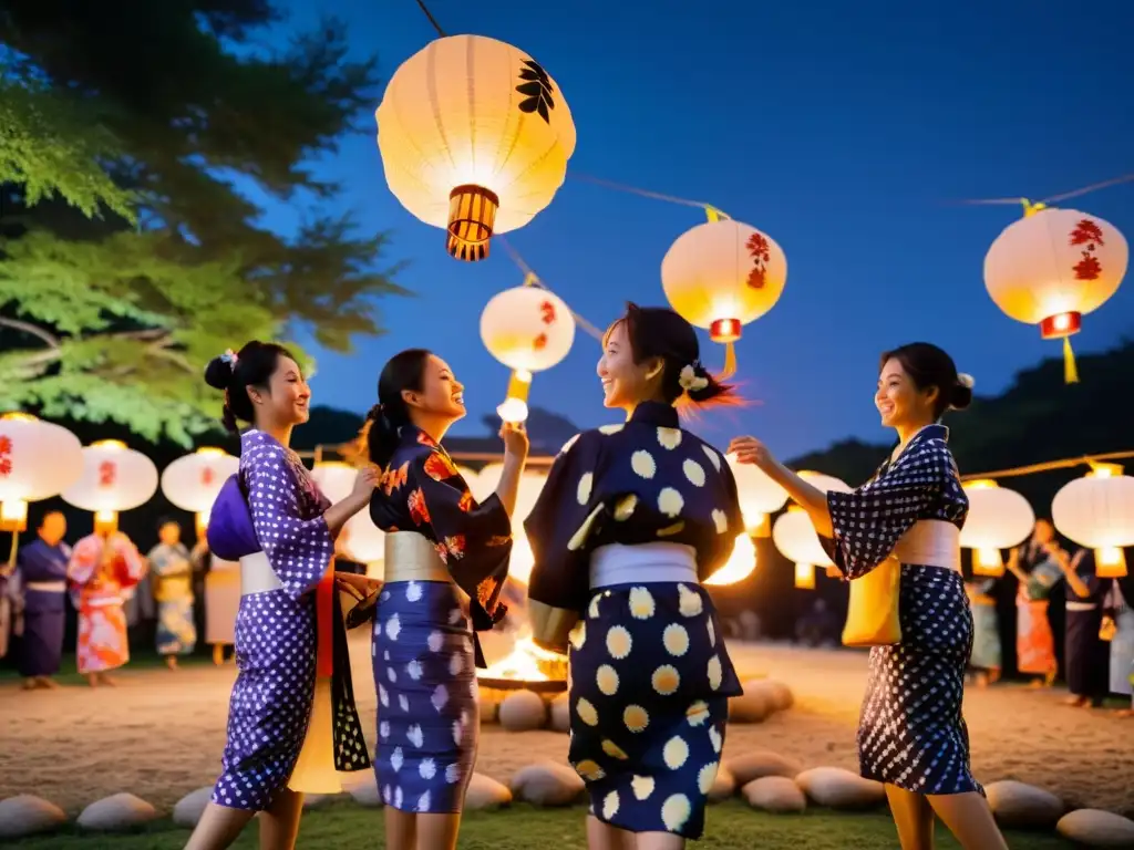 Grupo en yukatas danzando con linternas en el Festival de Obon, reflejando la conexión entre vivos y difuntos en una celebración espiritual y serena