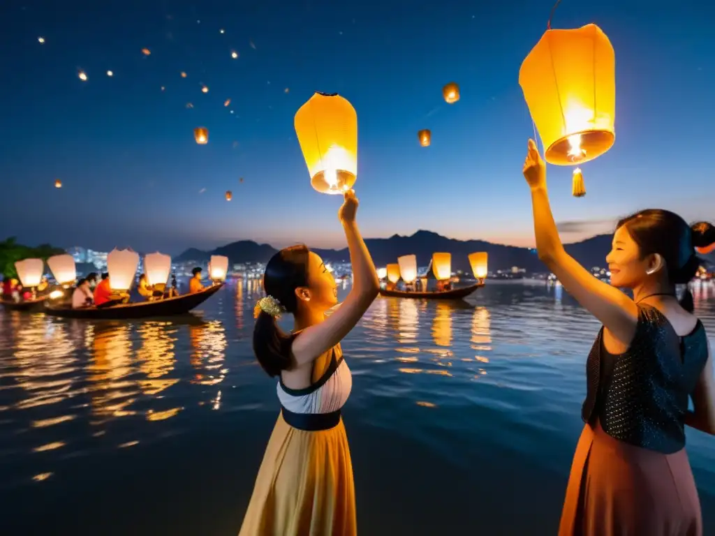 Un grupo lanza linternas en el Festival de Luces de Loy Krathong, creando una escena encantadora con la ciudad y el río de fondo