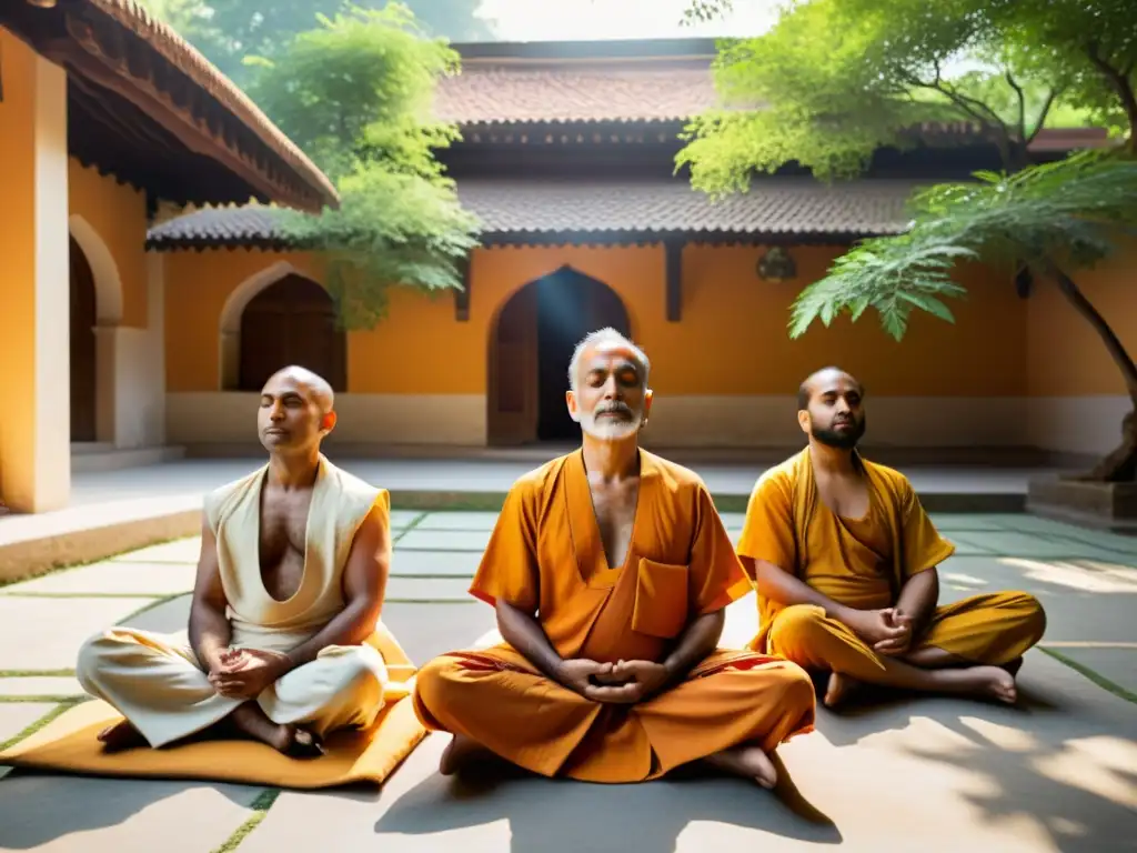 Un grupo de maestros de meditación India en profunda contemplación espiritual en un tranquilo ashram