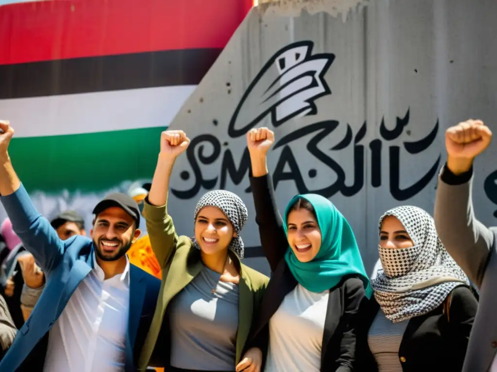 Un grupo de manifestantes palestinos con keffiyehs, desafiando un muro decorado con grafitis políticos coloridos