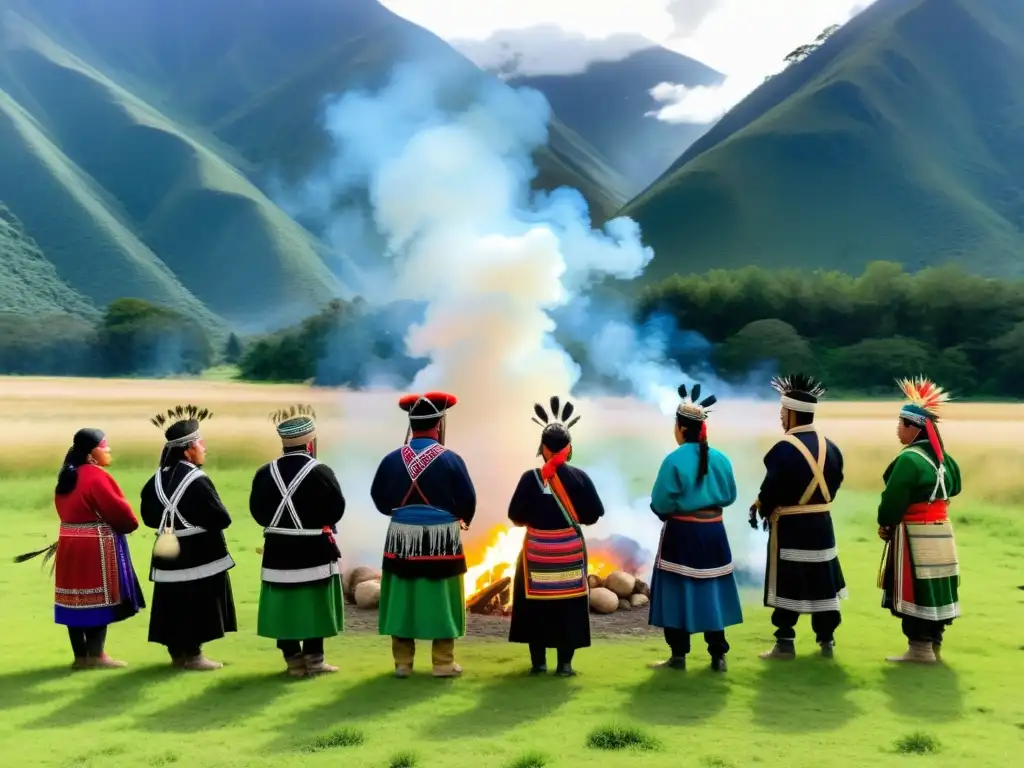 Grupo Mapuche en ceremonia del Ngillatun, rodeados de naturaleza y montañas, vistiendo atuendos tradicionales coloridos