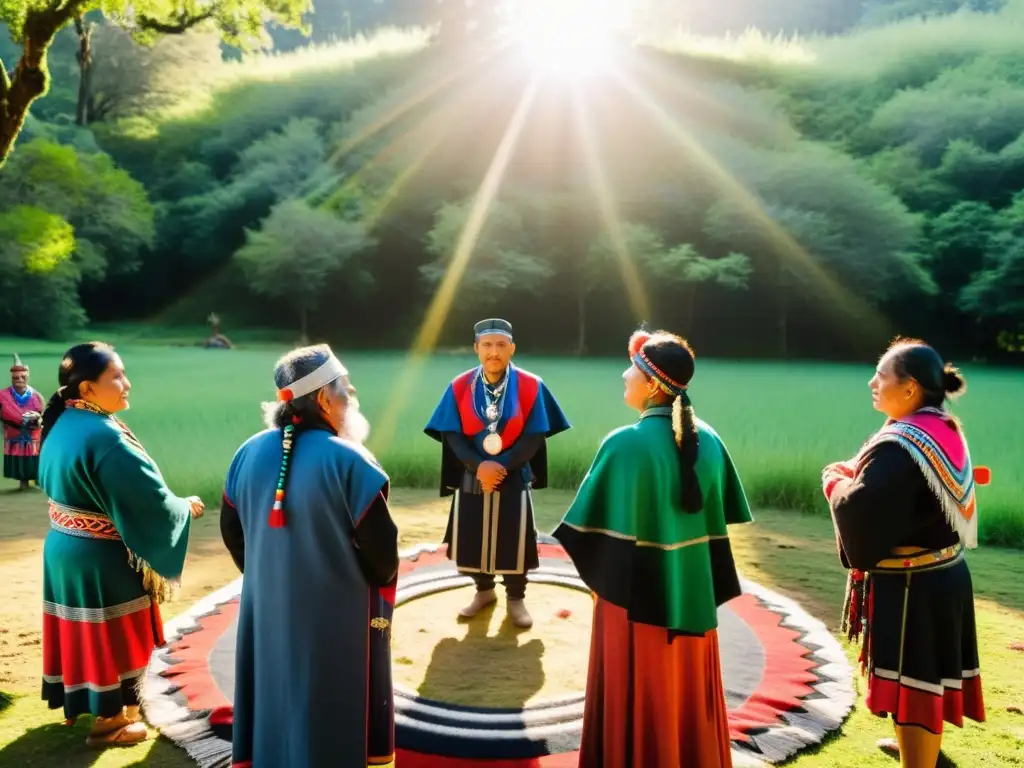 Grupo de Mapuches en ceremonia del Ngillatun, vistiendo atuendos tradicionales en el bosque