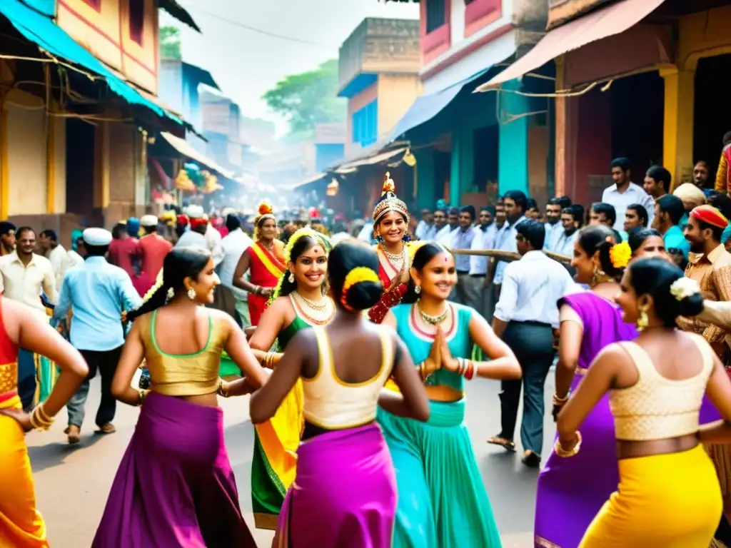 Grupo Siddi bailando en un mercado vibrante en India, mostrando la influencia del legado africano en India con trajes coloridos y danza tradicional