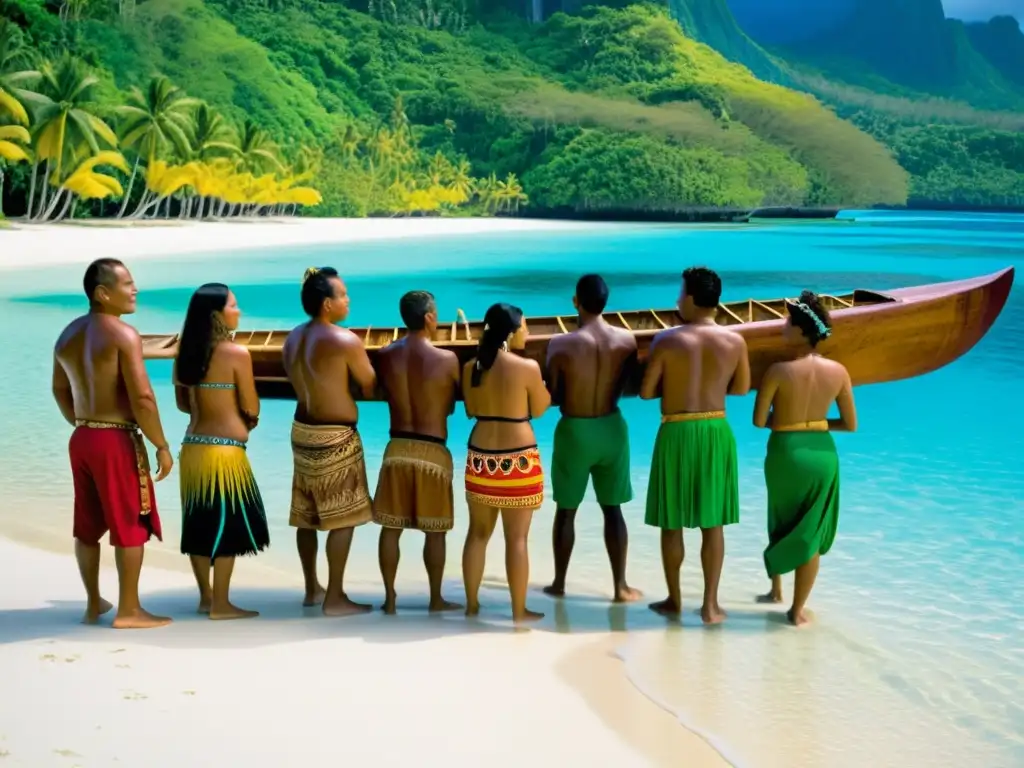 Grupo en Micronesia realizando ceremonia de zarpar con canoa tradicional y atuendos coloridos