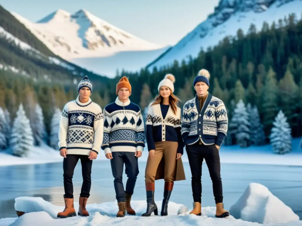 Un grupo de modelos viste moda invernal inspiración nórdica en un paisaje invernal sereno