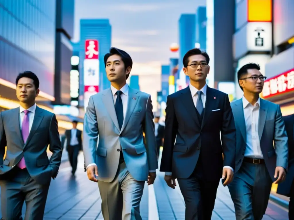 Samuráis modernos: salarymen japoneses en Tokyo Un grupo de modernos salarymen japoneses caminando con determinación por las bulliciosas calles de Tokio, fusionando tradición y modernidad