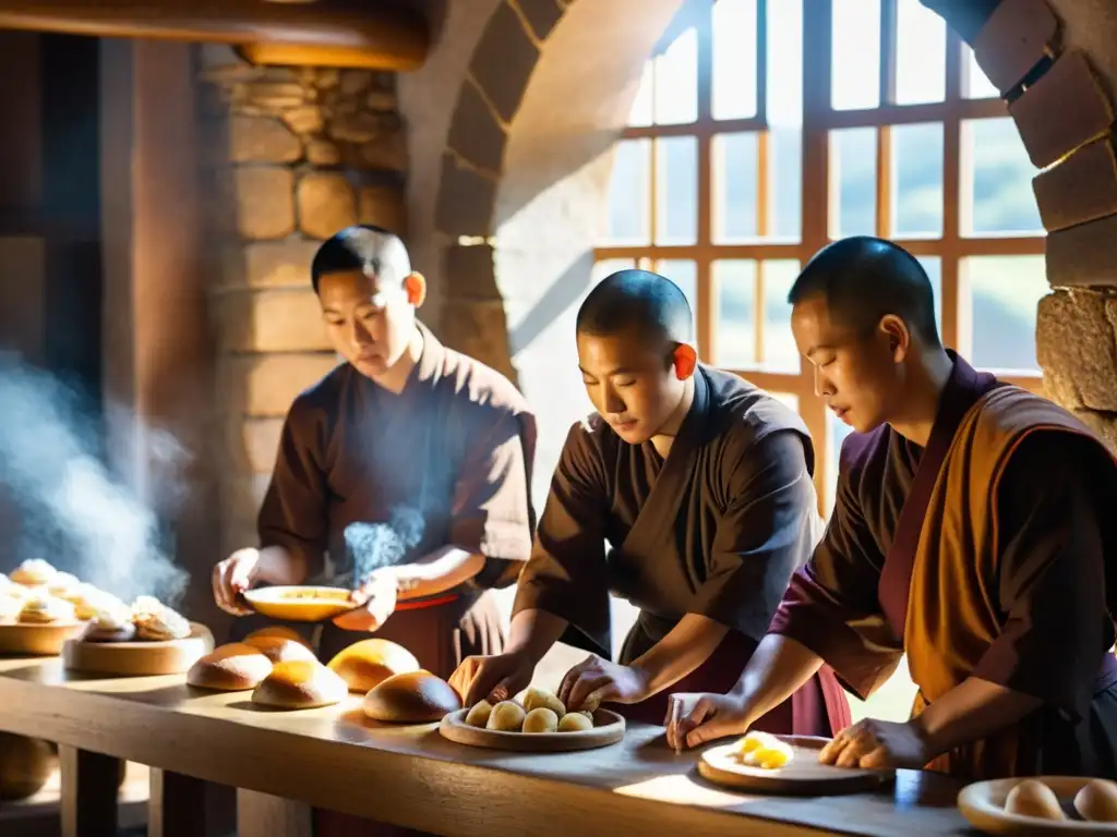 Un grupo de monjes en túnicas marrones prepara pastelería delicada en una cocina monástica tradicional, transmitiendo devoción y tranquilidad