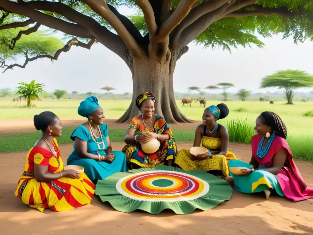 Un grupo de mujeres africanas en coloridos atuendos tradicionales preparan rituales de nacimiento en África bajo un árbol frondoso