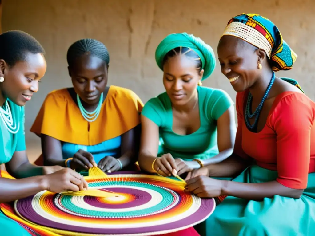 Un grupo de mujeres africanas teje con habilidad en telares, mostrando el papel de la mujer en tradiciones africanas