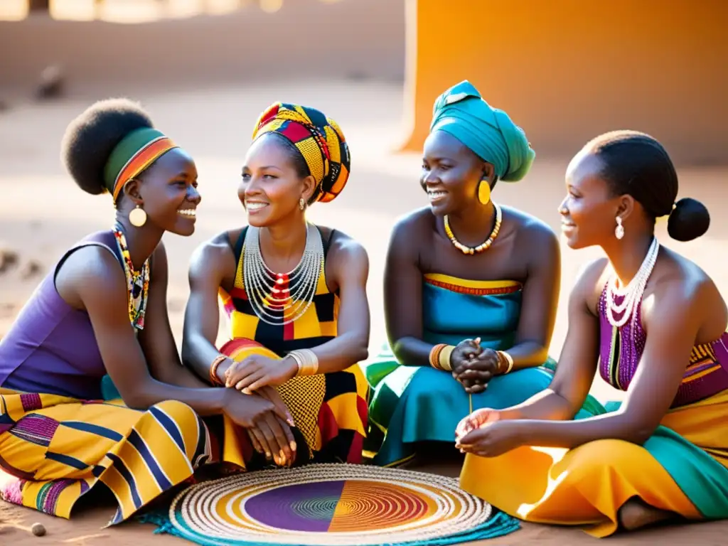 Grupo de mujeres africanas tejiendo patrones en tela, destacando su papel en tradiciones africanas