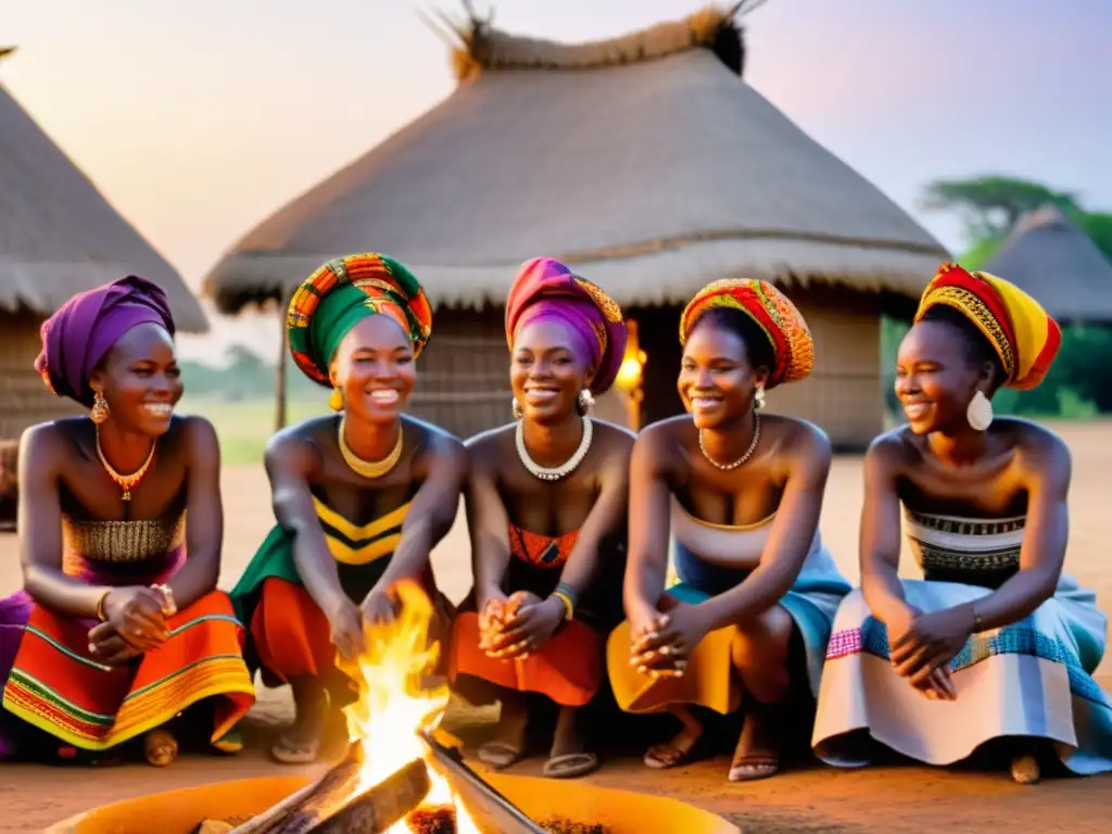 Grupo de mujeres africanas celebrando prácticas ancestrales en danza alrededor de fuego, reflejando la modernidad africana