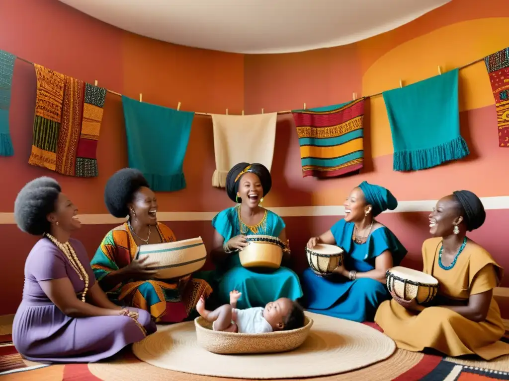 Un grupo de mujeres africanas celebra rituales de nacimiento alrededor de un bebé, en un ambiente lleno de color y alegría en Francophone Africa