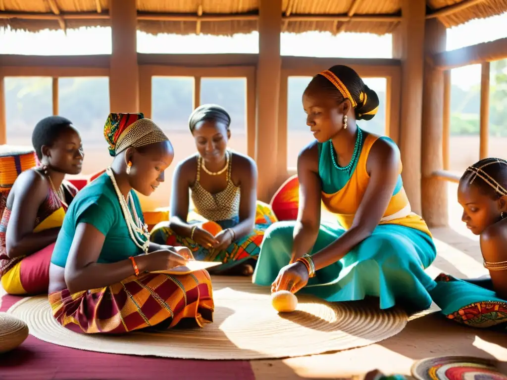 Un grupo de mujeres africanas tejiendo textiles tradicionales con destreza, destacando el papel de la mujer en tradiciones africanas
